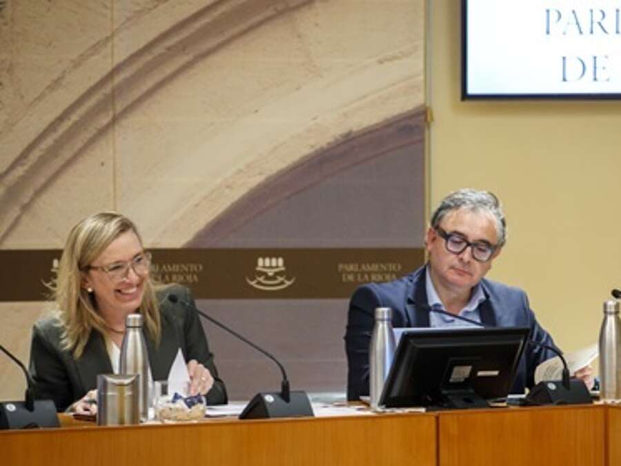 La consejera de Economía, Innovación, Empresa y Trabajo Autónomo, Belinda León y el gerente de ADER, Luis Pérez Echeguren durante su comparecencia en Comisión parlamentaria