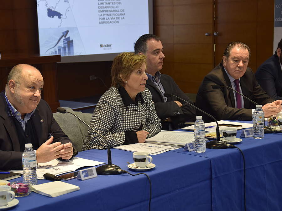 La consejera de Desarrollo Económico e Innovación, Leonor González Menorca, junto al vicepresidente de la FER, Santiago Gutiérrez, presentan las conclusiones de un informe sobre los factores limitantes del desarrollo empresarial de las pymes riojanas.