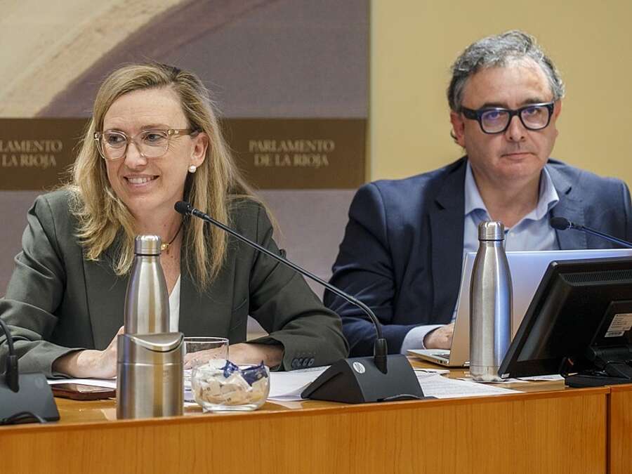 La consejera de Economía, Innovación, Empresa y Trabajo Autónomo, Belinda León y el gerente de ADER, Luis Pérez Echeguren durante su comparecencia en Comisión parlamentaria